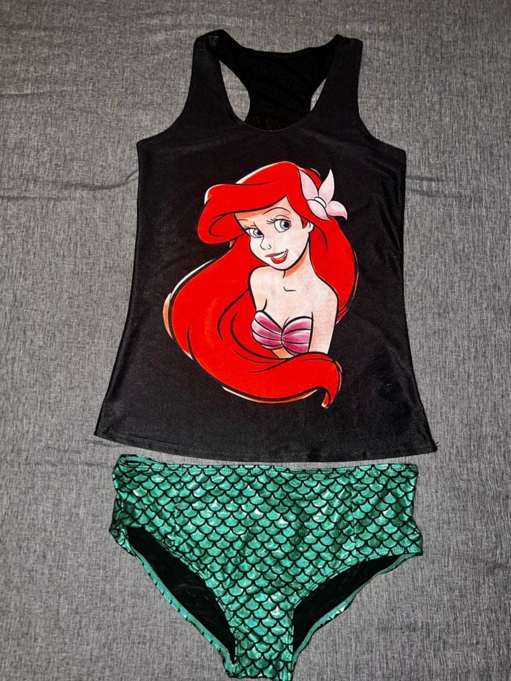 Black Ariel Graphic Tankini Set with Green Metallic Mermaid-Scale Bottoms